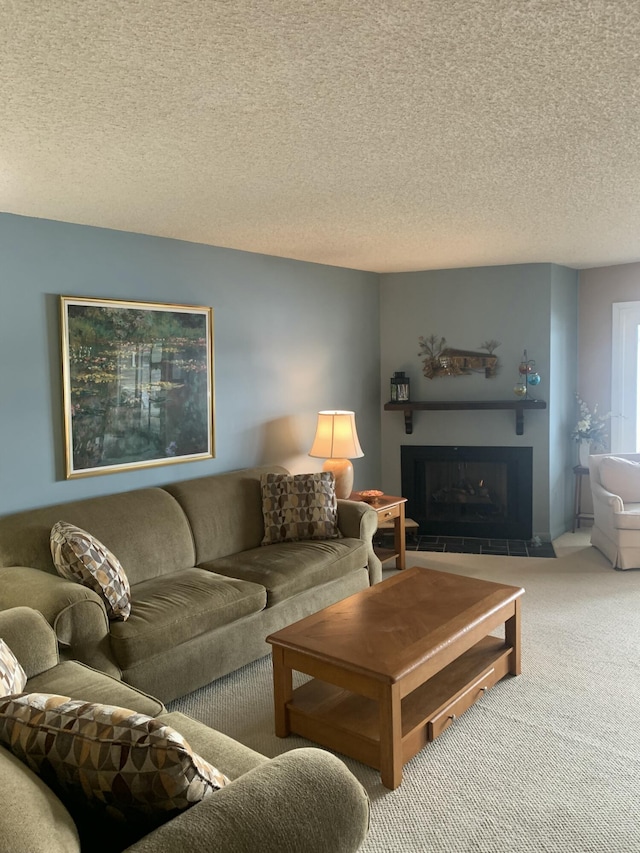 living room featuring a textured ceiling and carpet flooring