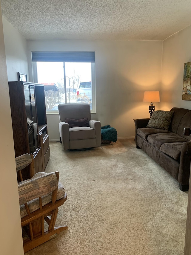 living room featuring light colored carpet and a textured ceiling