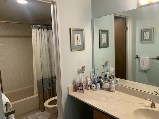 full bathroom with vanity, tile patterned floors, toilet, and shower / tub combo with curtain