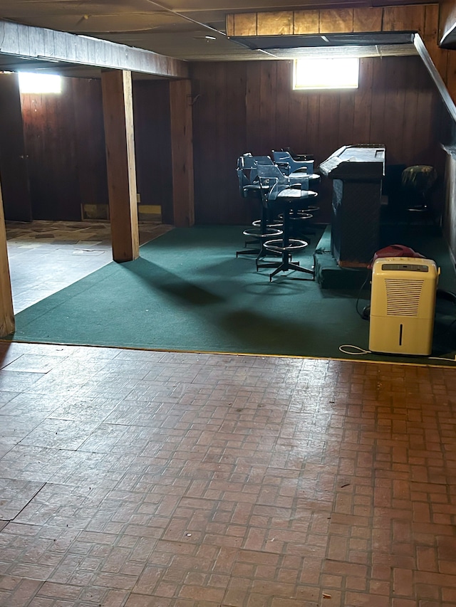 basement featuring wood walls