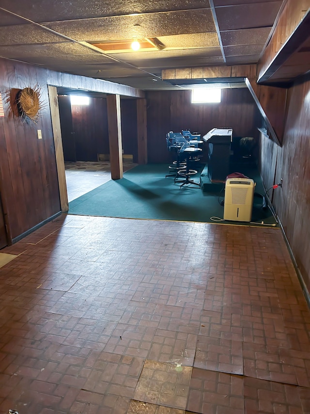 basement with wooden walls