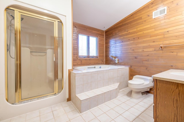 full bathroom with lofted ceiling, tile patterned floors, separate shower and tub, and wood walls