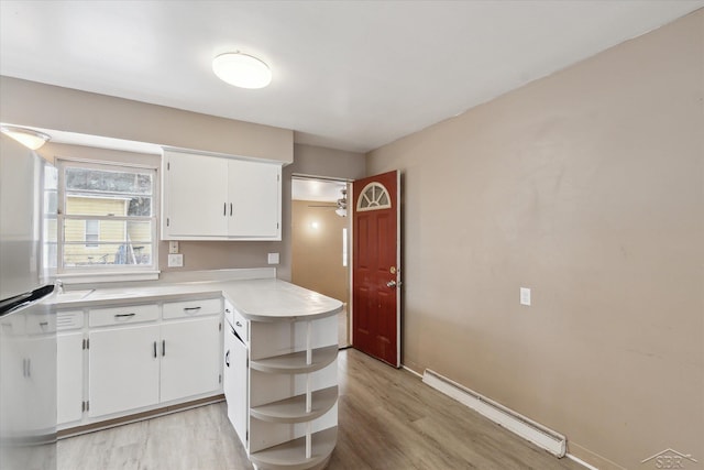 kitchen with white cabinetry, light hardwood / wood-style floors, kitchen peninsula, and baseboard heating