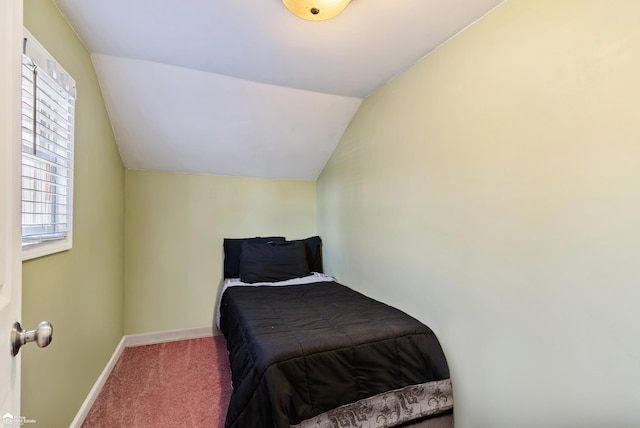 bedroom with multiple windows, lofted ceiling, and carpet floors