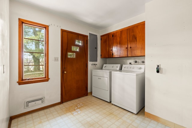 laundry area featuring electric panel, cabinets, and washing machine and clothes dryer