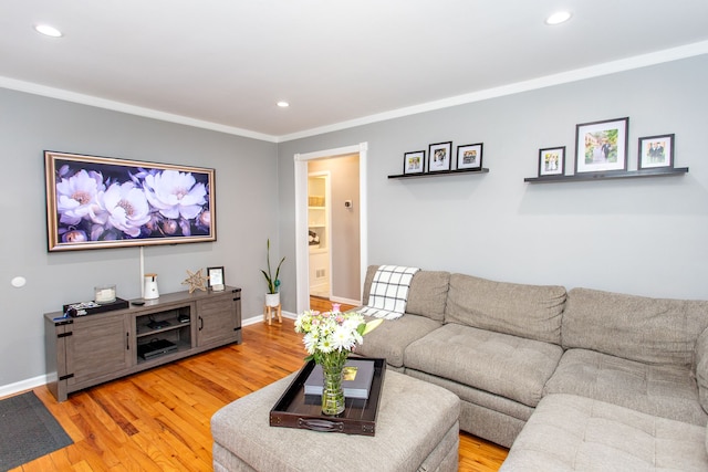 living room with crown molding and light hardwood / wood-style flooring