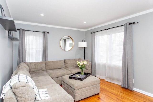 living room with ornamental molding, a healthy amount of sunlight, and light wood-type flooring