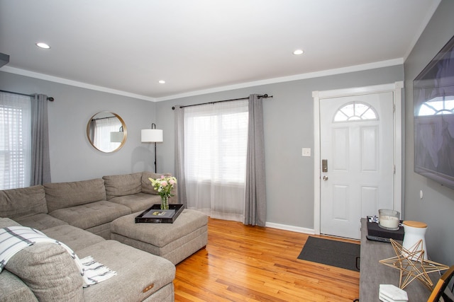 living room with wood-type flooring and crown molding