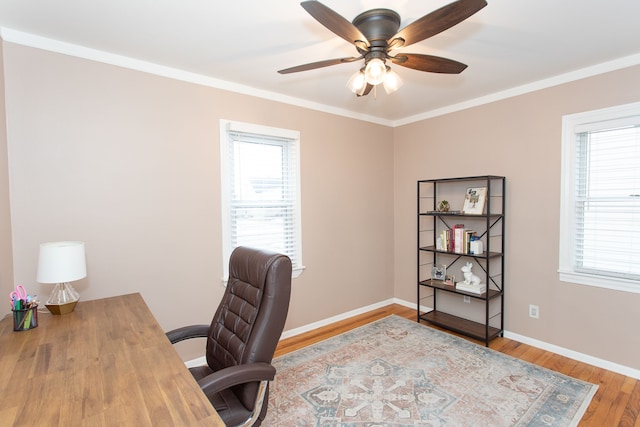 home office with crown molding, ceiling fan, and wood-type flooring