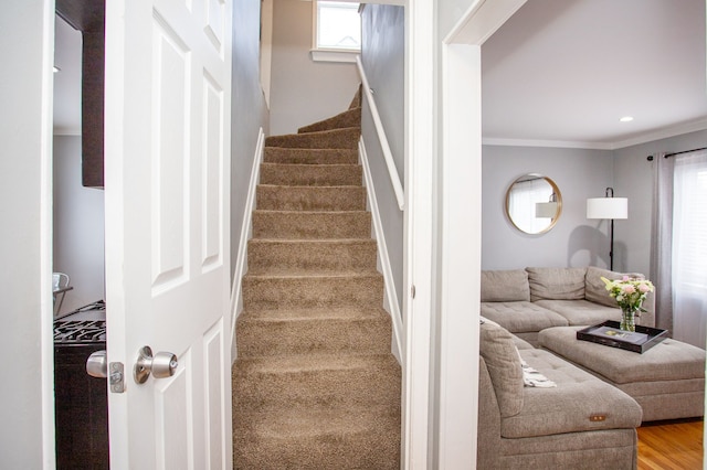 stairway with crown molding and hardwood / wood-style flooring