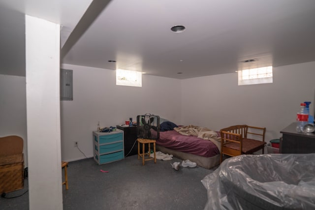 bedroom featuring multiple windows and electric panel