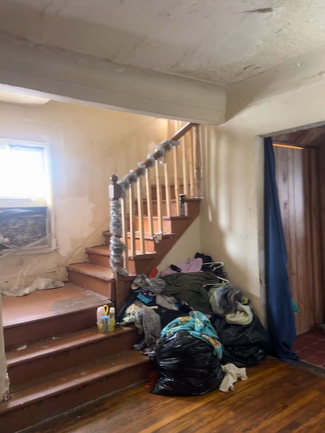 stairway with hardwood / wood-style floors