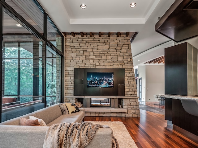 living room with a stone fireplace, dark wood-type flooring, and a raised ceiling