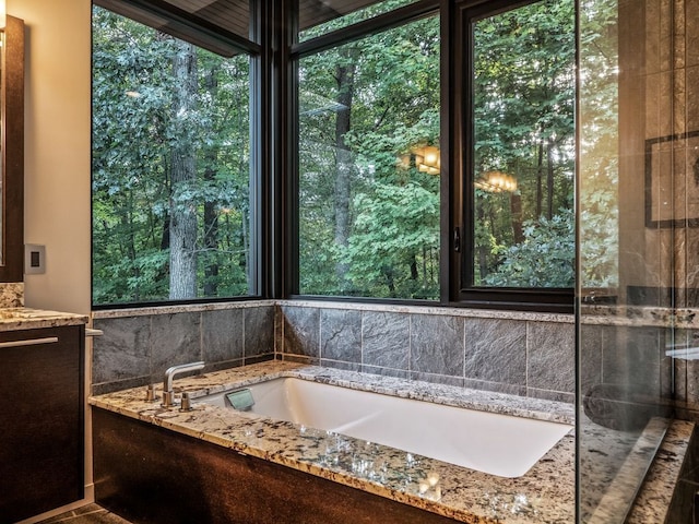 bathroom with a washtub and vanity