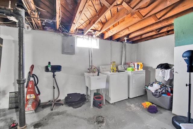 basement featuring washer and clothes dryer and electric panel