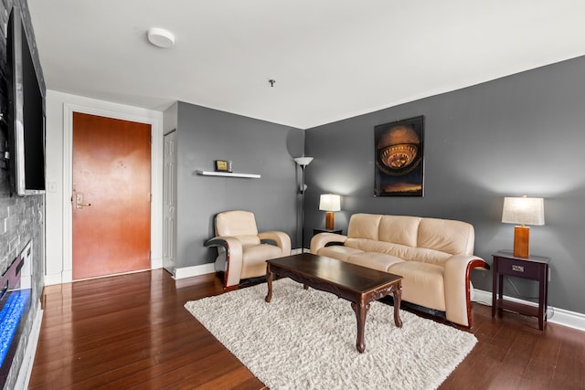 living room featuring a fireplace and dark hardwood / wood-style floors