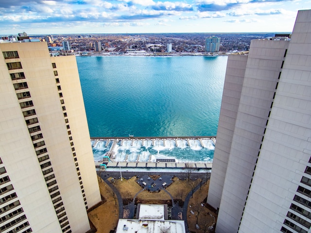 aerial view featuring a water view