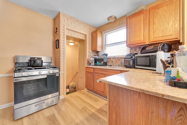 kitchen featuring decorative backsplash, stainless steel appliances, sink, and light hardwood / wood-style flooring