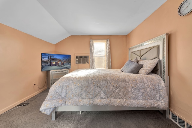 bedroom with vaulted ceiling and carpet flooring