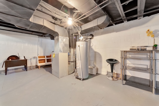 basement with heating unit and gas water heater