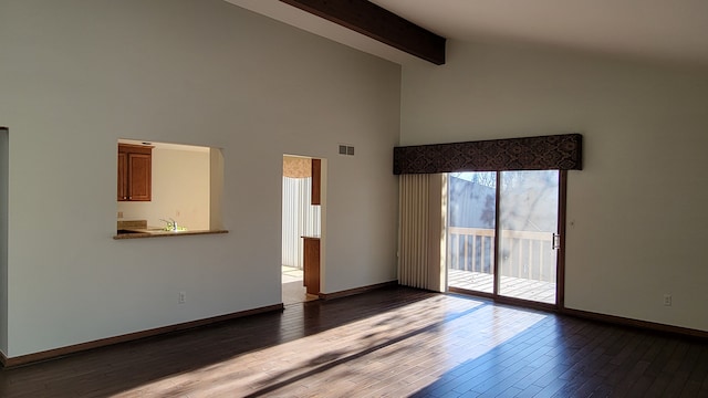 spare room featuring beam ceiling, visible vents, baseboards, and wood finished floors