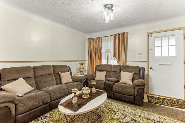 carpeted living room with a textured ceiling