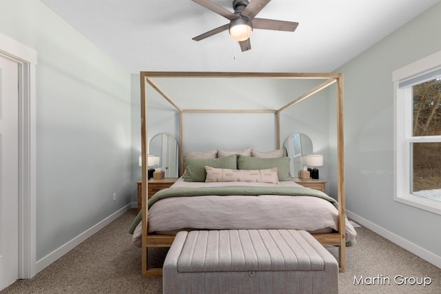 carpeted bedroom featuring a ceiling fan and baseboards