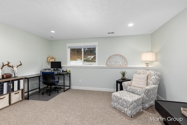 carpeted home office with recessed lighting, visible vents, and baseboards