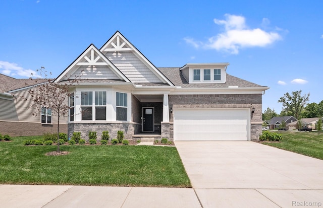 50050 Bluebell St, Canton, MI 48188 - craftsman inspired home with stone siding, a front yard, an attached garage, and concrete driveway