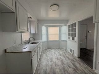 kitchen with sink, plenty of natural light, and light hardwood / wood-style floors