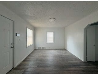 foyer featuring dark hardwood / wood-style flooring and a textured ceiling