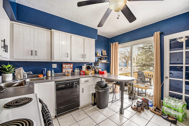 kitchen featuring white cabinetry, light tile patterned floors, sink, and dishwasher