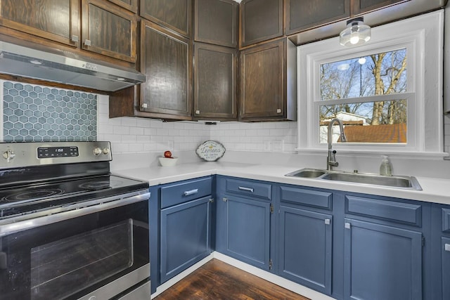 kitchen featuring dark hardwood / wood-style floors, sink, stainless steel range with electric cooktop, and backsplash