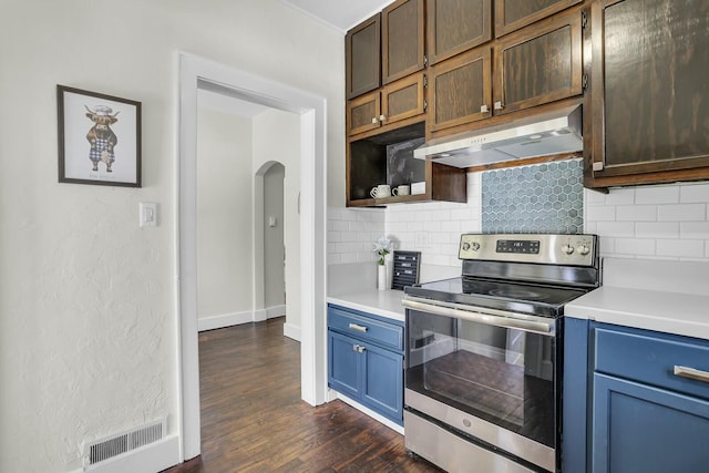 kitchen featuring tasteful backsplash, electric range, and dark hardwood / wood-style floors