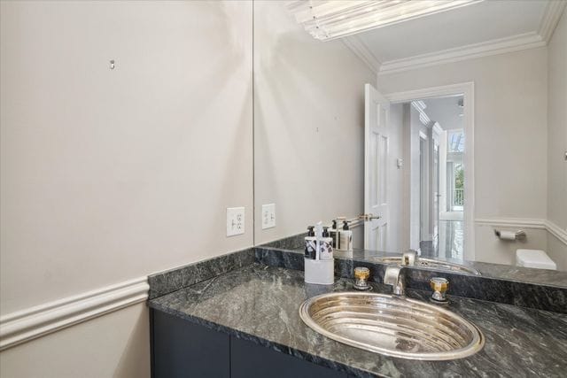 bathroom with crown molding and vanity