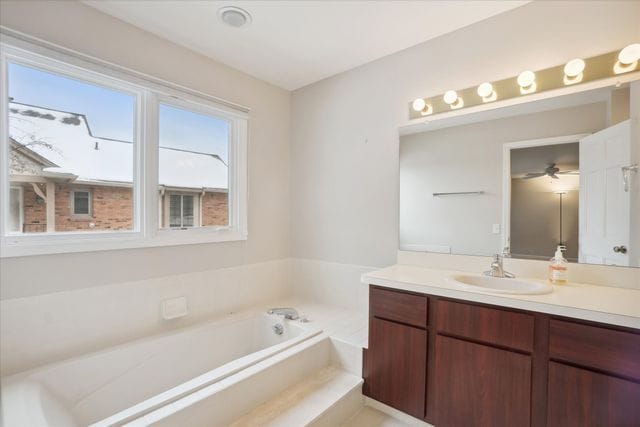 bathroom featuring vanity and a bath