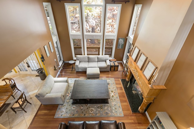 living room with a high ceiling