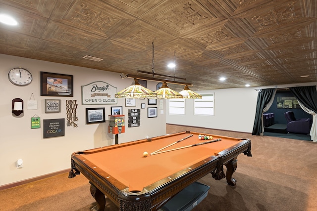 playroom with carpet floors and billiards