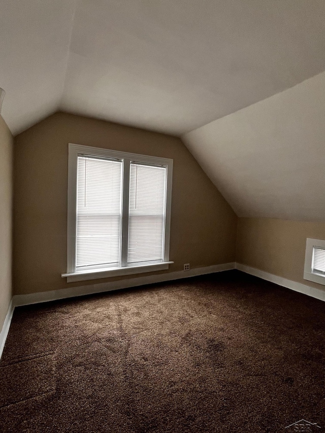 additional living space with vaulted ceiling and carpet floors