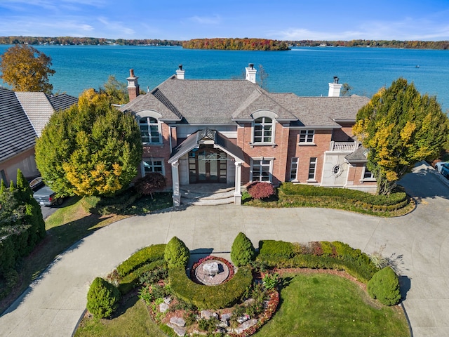 aerial view featuring a water view