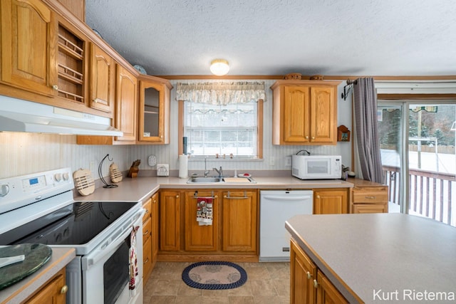 kitchen featuring sink, white appliances, and a textured ceiling