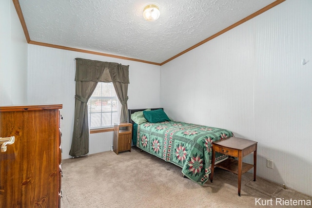 bedroom with light carpet, crown molding, and a textured ceiling