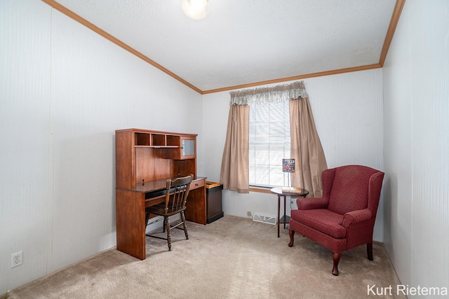 carpeted office featuring lofted ceiling and ornamental molding