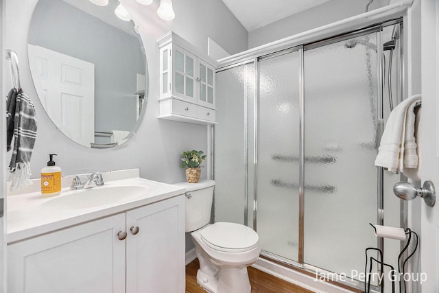 bathroom with vanity, hardwood / wood-style flooring, a shower with shower door, and toilet