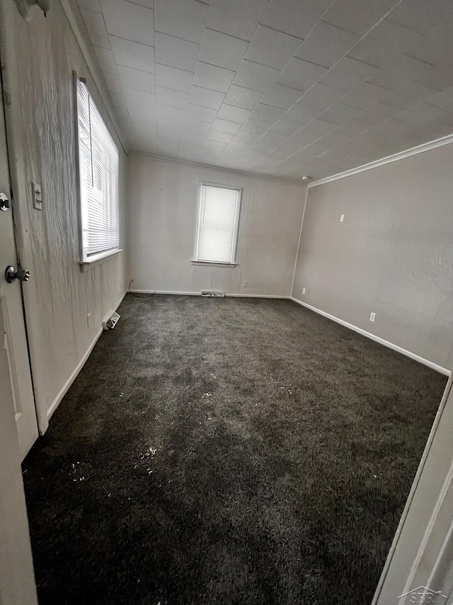 empty room featuring ornamental molding, plenty of natural light, and carpet floors