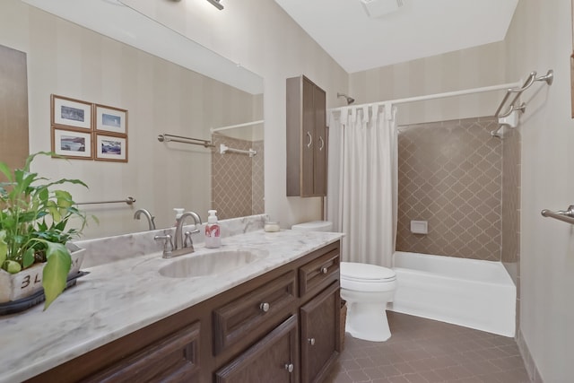 full bath with shower / bath combo, visible vents, vanity, and toilet