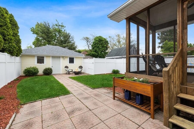 view of patio / terrace featuring an outdoor structure