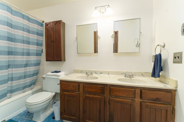 full bath featuring a sink, shower / bathtub combination with curtain, toilet, and double vanity