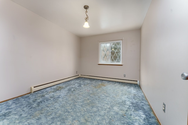 carpeted empty room featuring a baseboard radiator