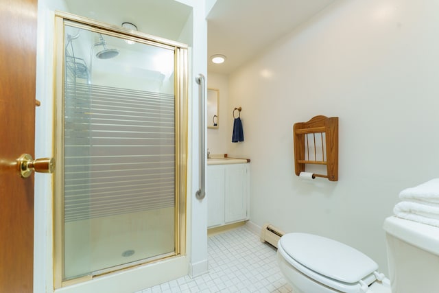 full bathroom with a stall shower, a baseboard radiator, vanity, and toilet